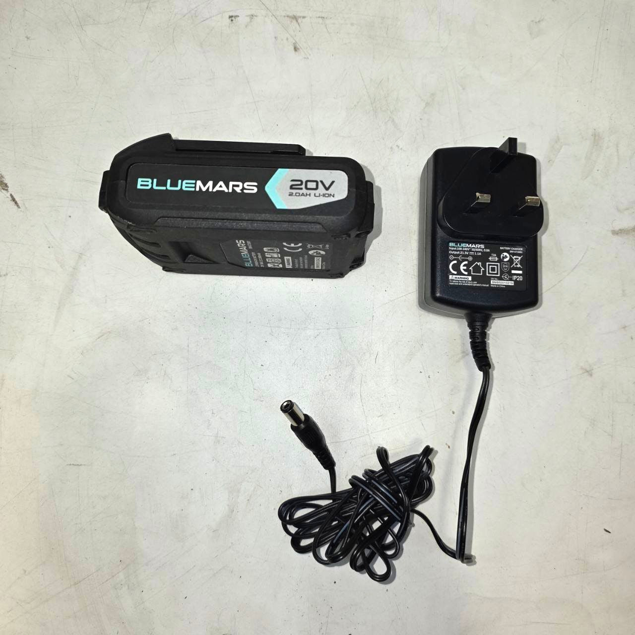 Bluemars battery pack and charger on a light gray surface