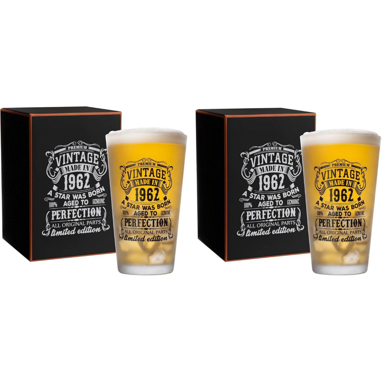 Two beer glasses with vintage design text on a white background