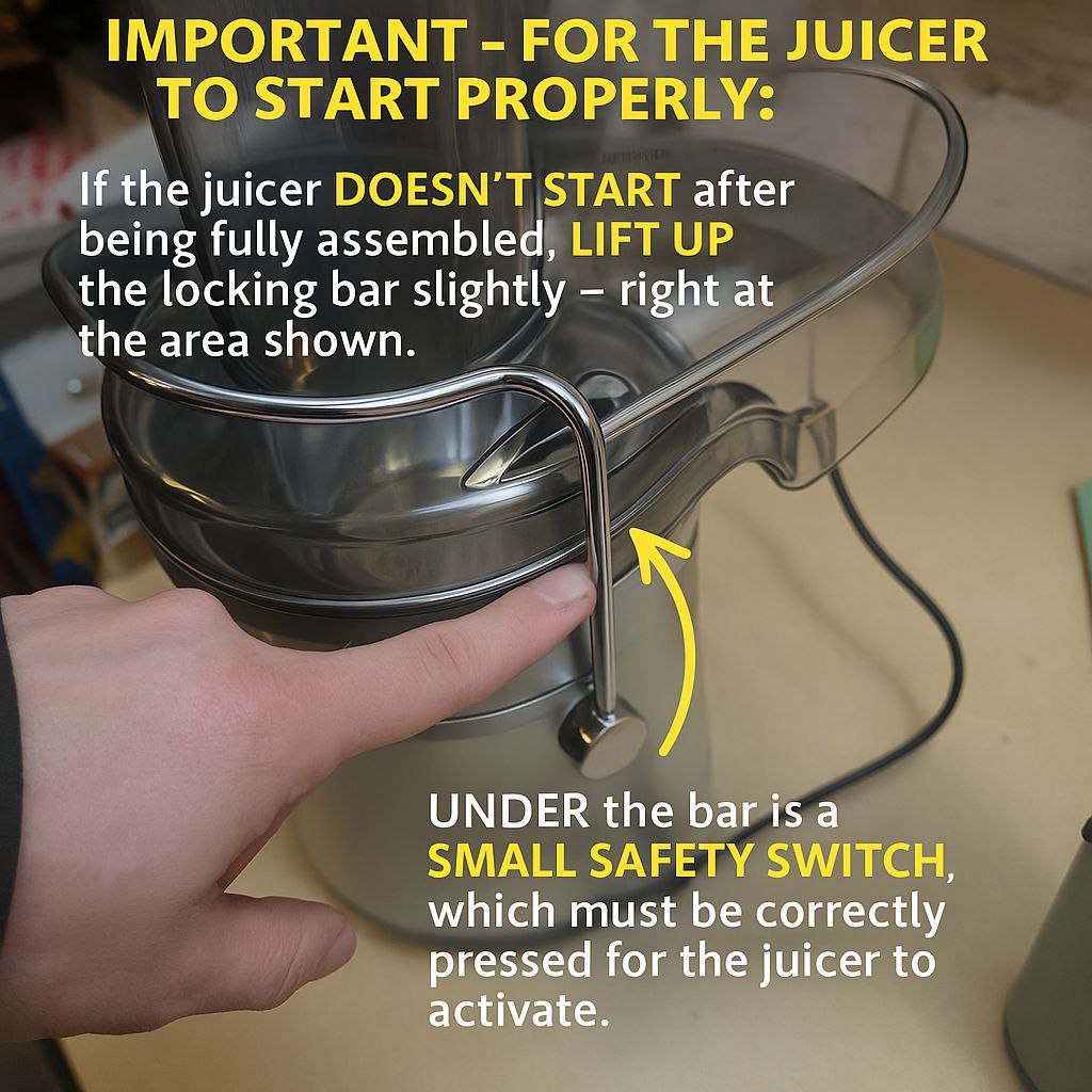 Instructions on how to start a juicer with text overlay