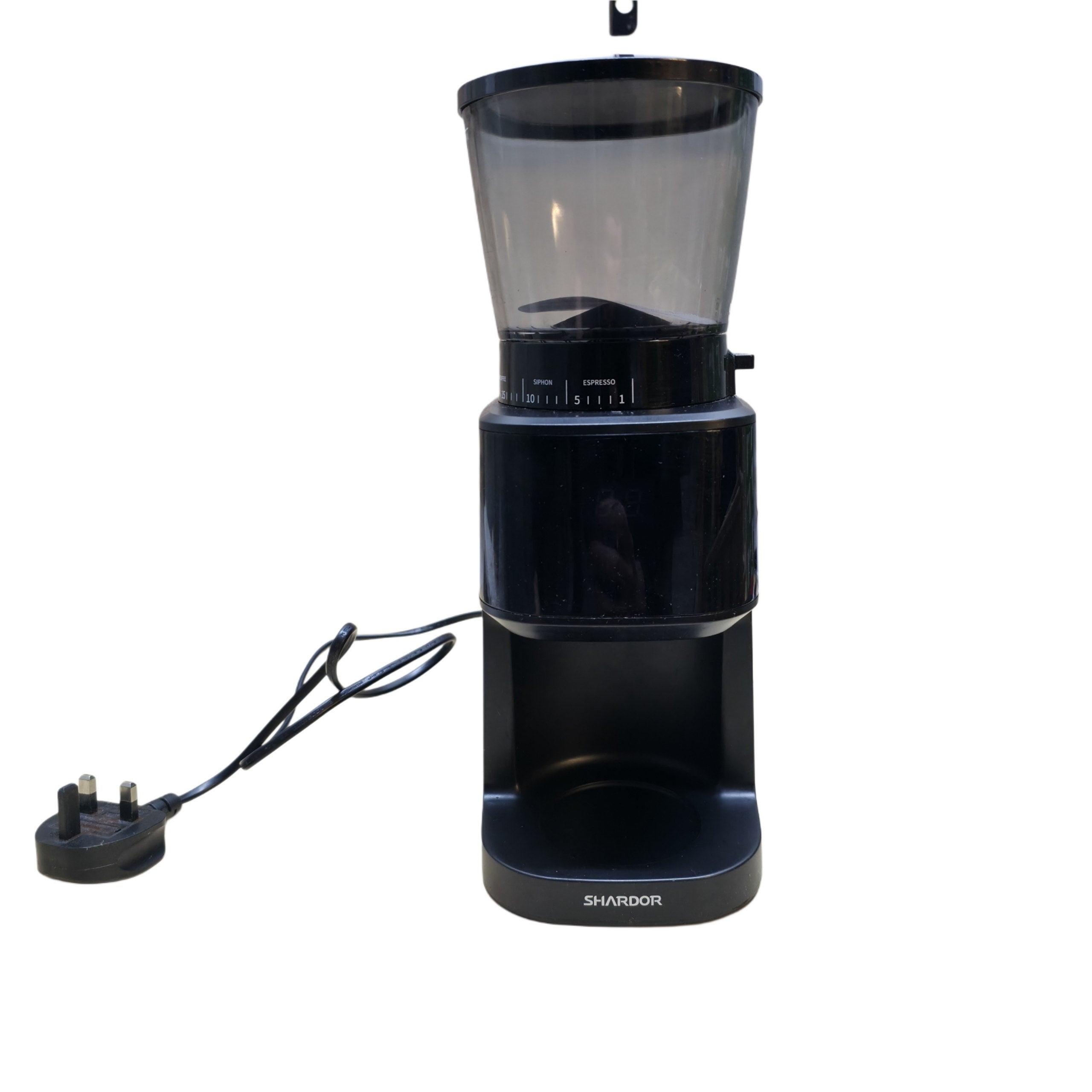 Black coffee grinder with a clear top on a white background