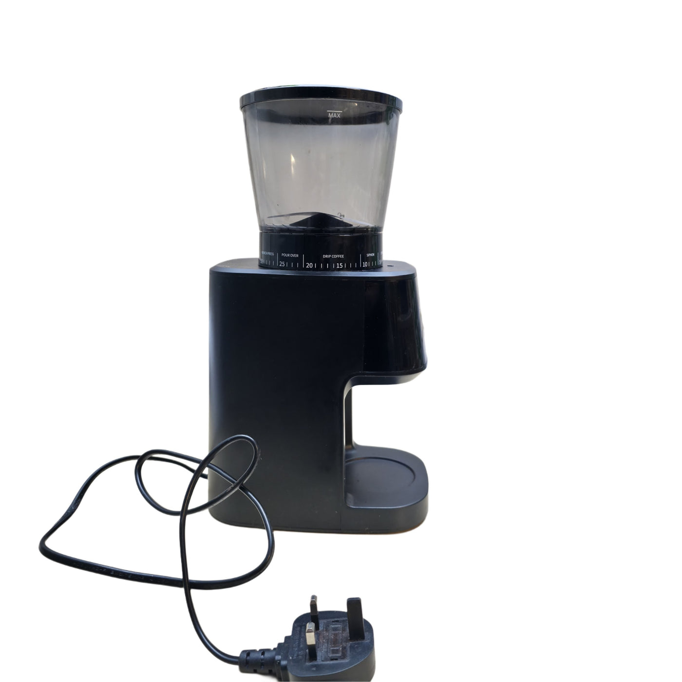 Black coffee grinder with power cord on a white background