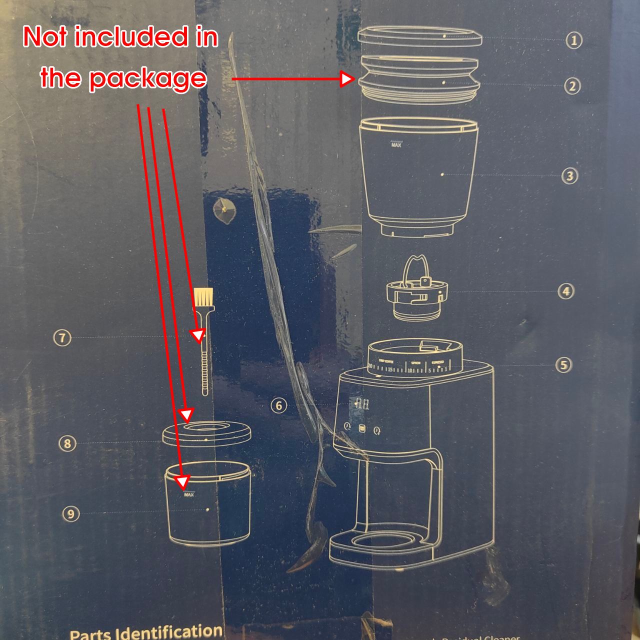 Diagram of a coffee maker with parts labeled, highlighting items not included in the package.