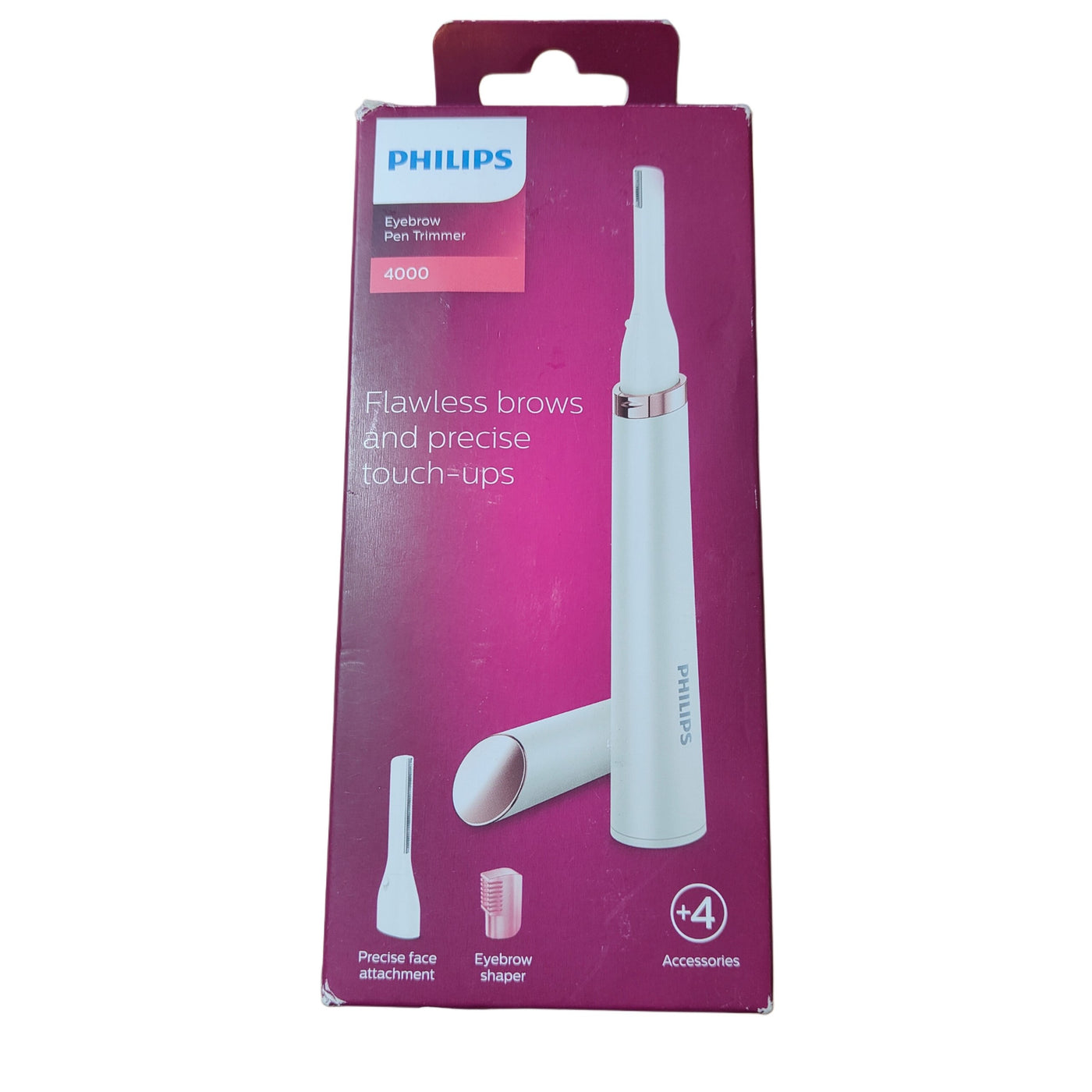 Philips eyebrow trimmer packaging with pink background and white trimmer.