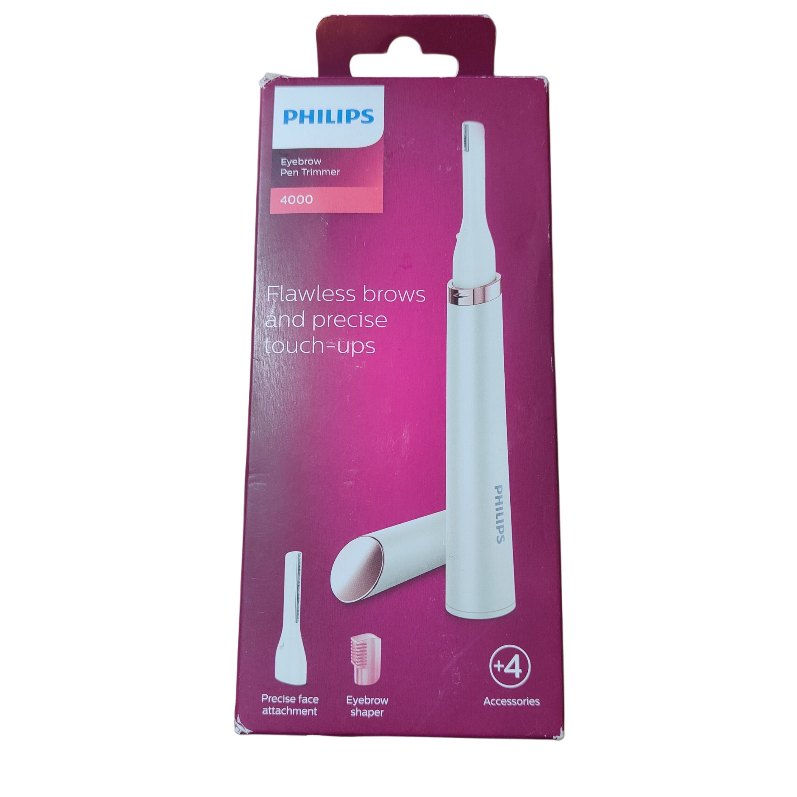 Philips eyebrow trimmer packaging with pink background and white trimmer.