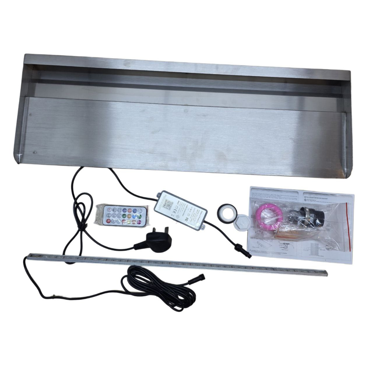 Stainless steel under-cabinet light kit with accessories on a white background