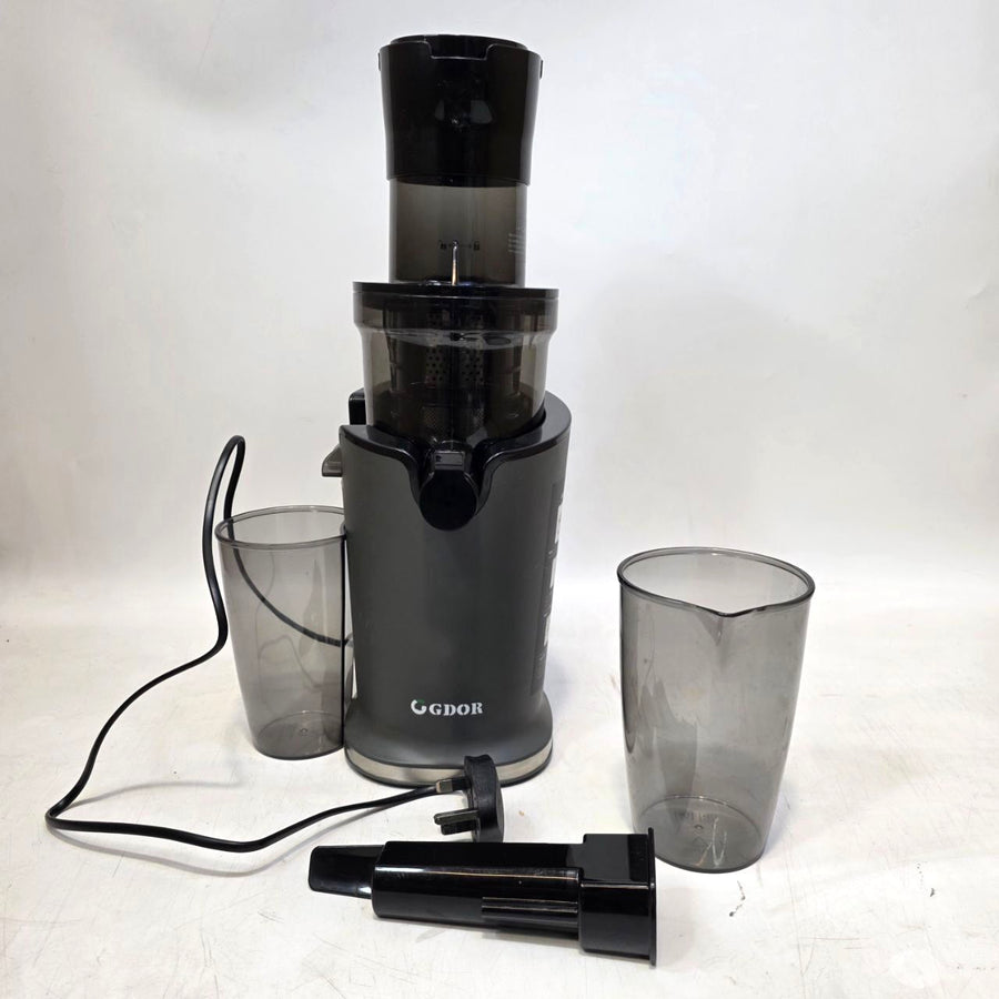 Black juicer with two clear cups on a white background