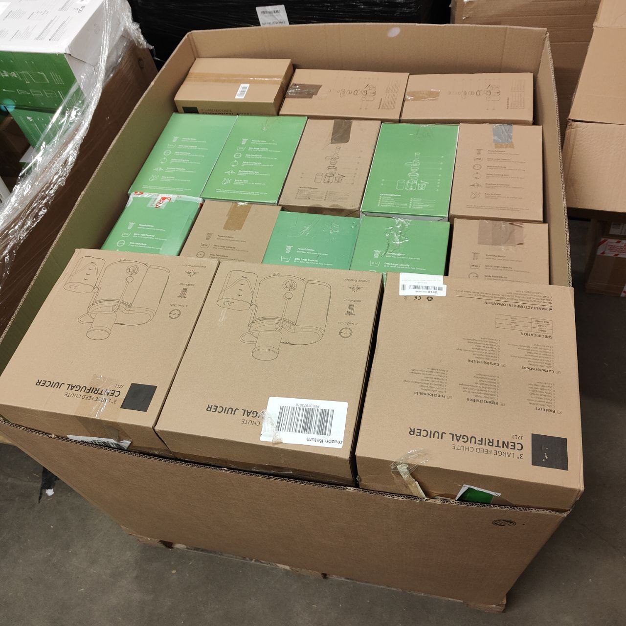 Stack of cardboard boxes with green labels in a warehouse setting