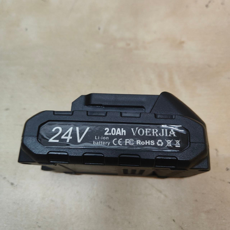 Black battery pack with 'VOERJIA' branding on a beige surface