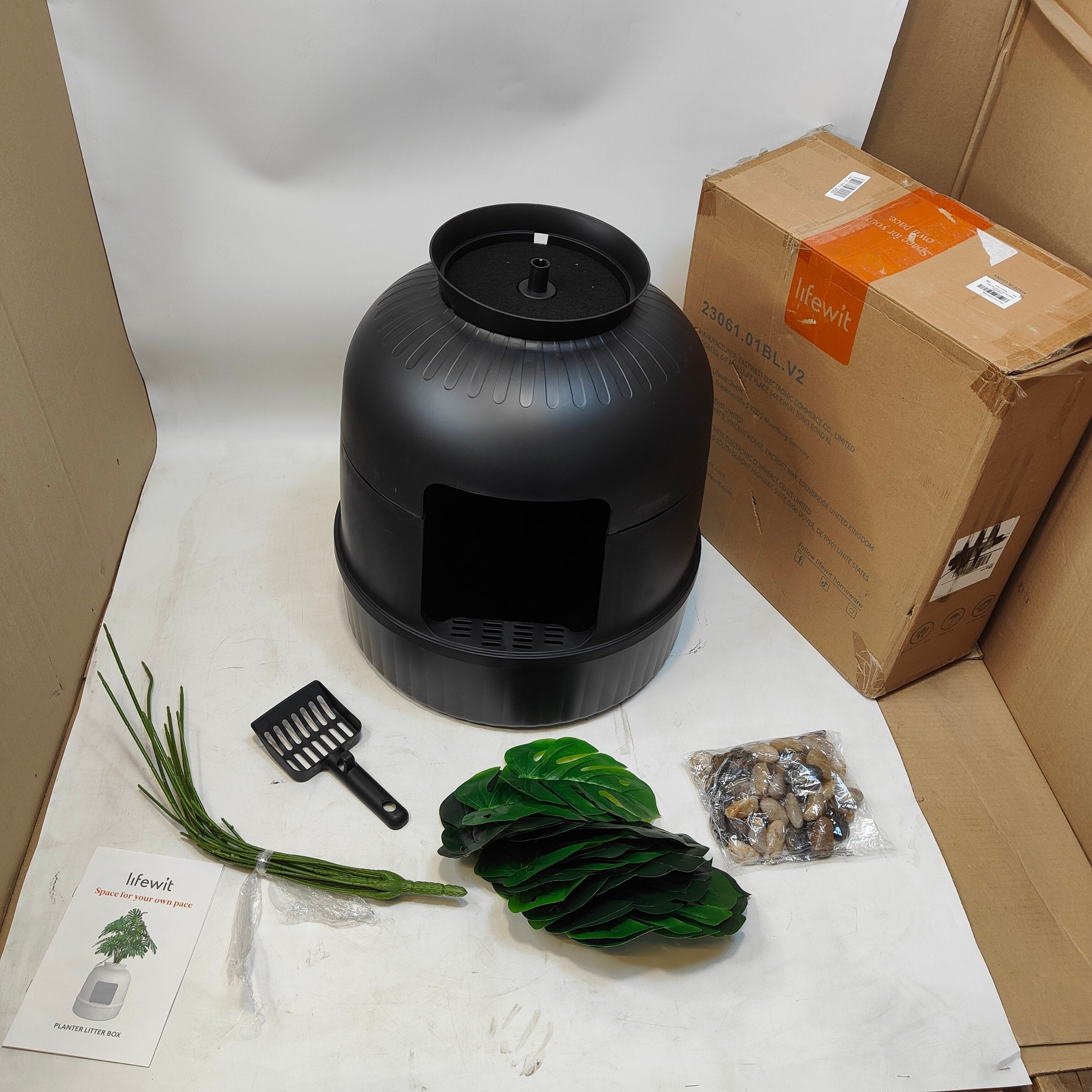 Hidden Cat Litter Box with Faux Plant Carbon Filter Black Scoop Included Lifewit
