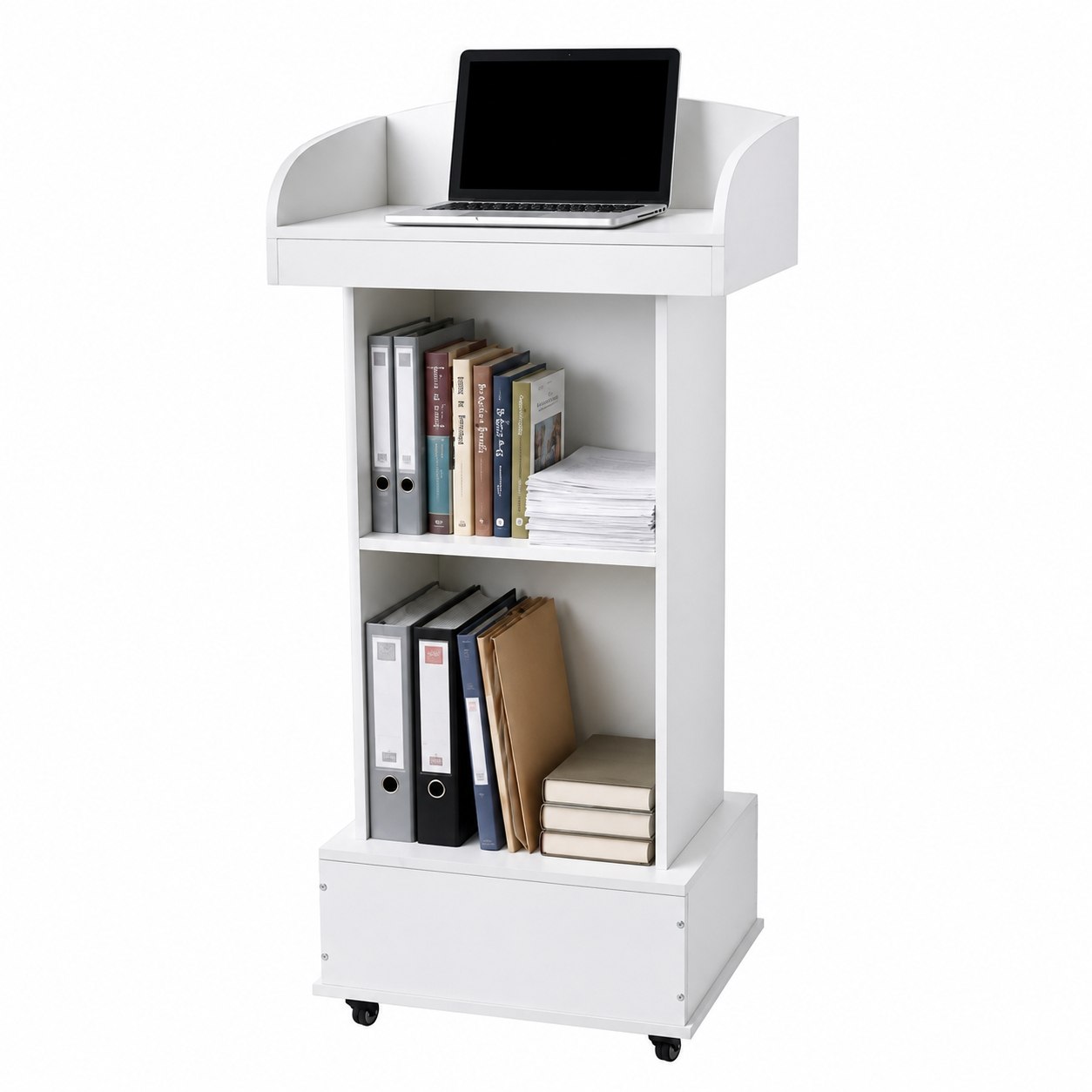 A white rolling lectern or organizer cart with three open shelves, a top platform holding a closed silver laptop, and storage bins filled with binders and books, shown on a plain white background.