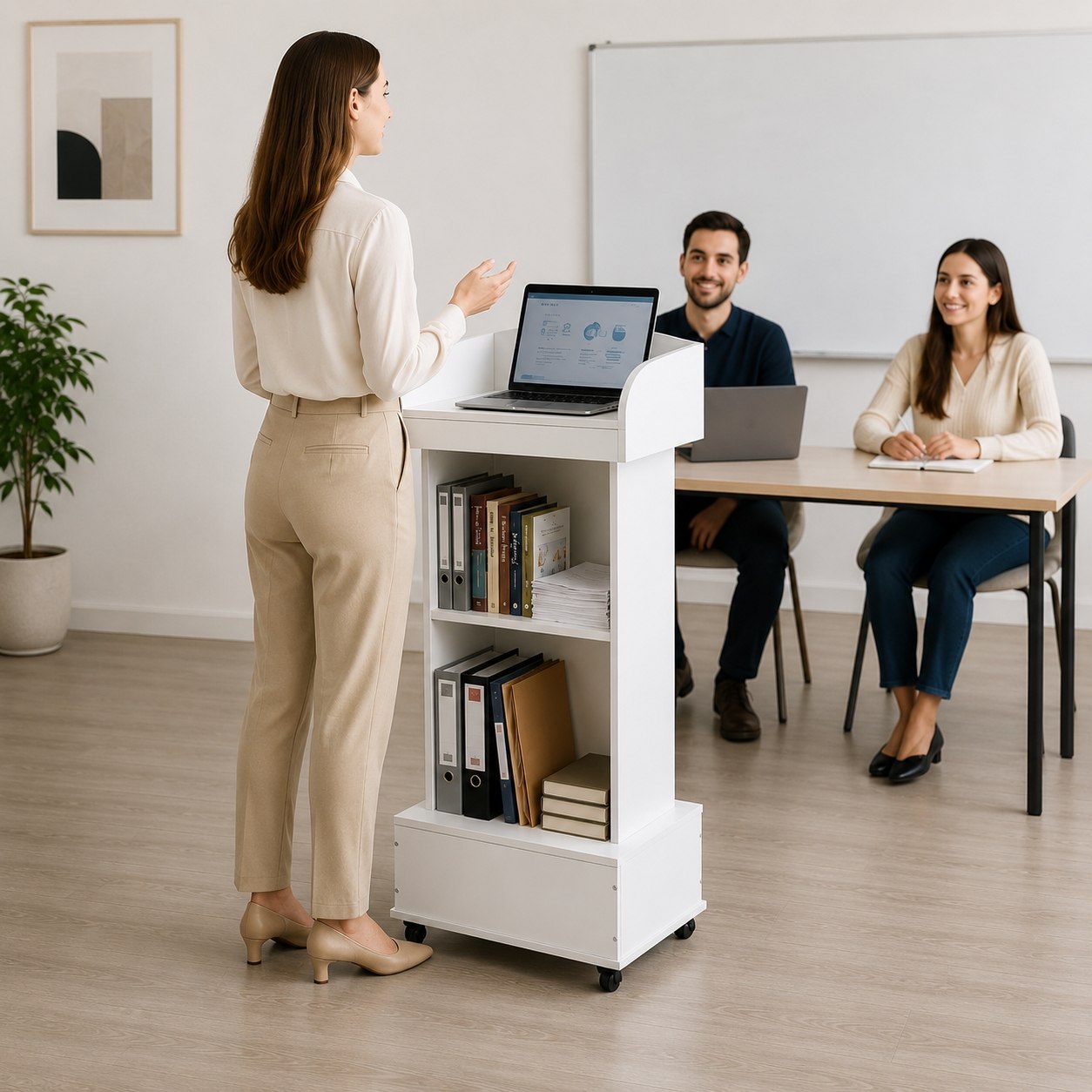 A woman stands at a white lectern in a bright classroom or office setting, presenting to two seated people at a desk. The room has light wood floors, a whiteboard on the wall, and a potted plant on the left.