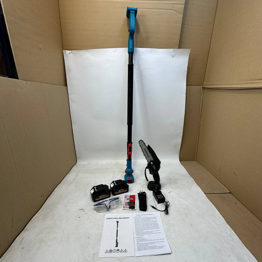 A cordless pole hedge trimmer set displayed inside a cardboard box with a white paper backdrop. The set includes a blue and black pole trimmer attachment, a black handheld trimmer head, two black batteries, a charger, a remote, a manual, and a small accessory kit.