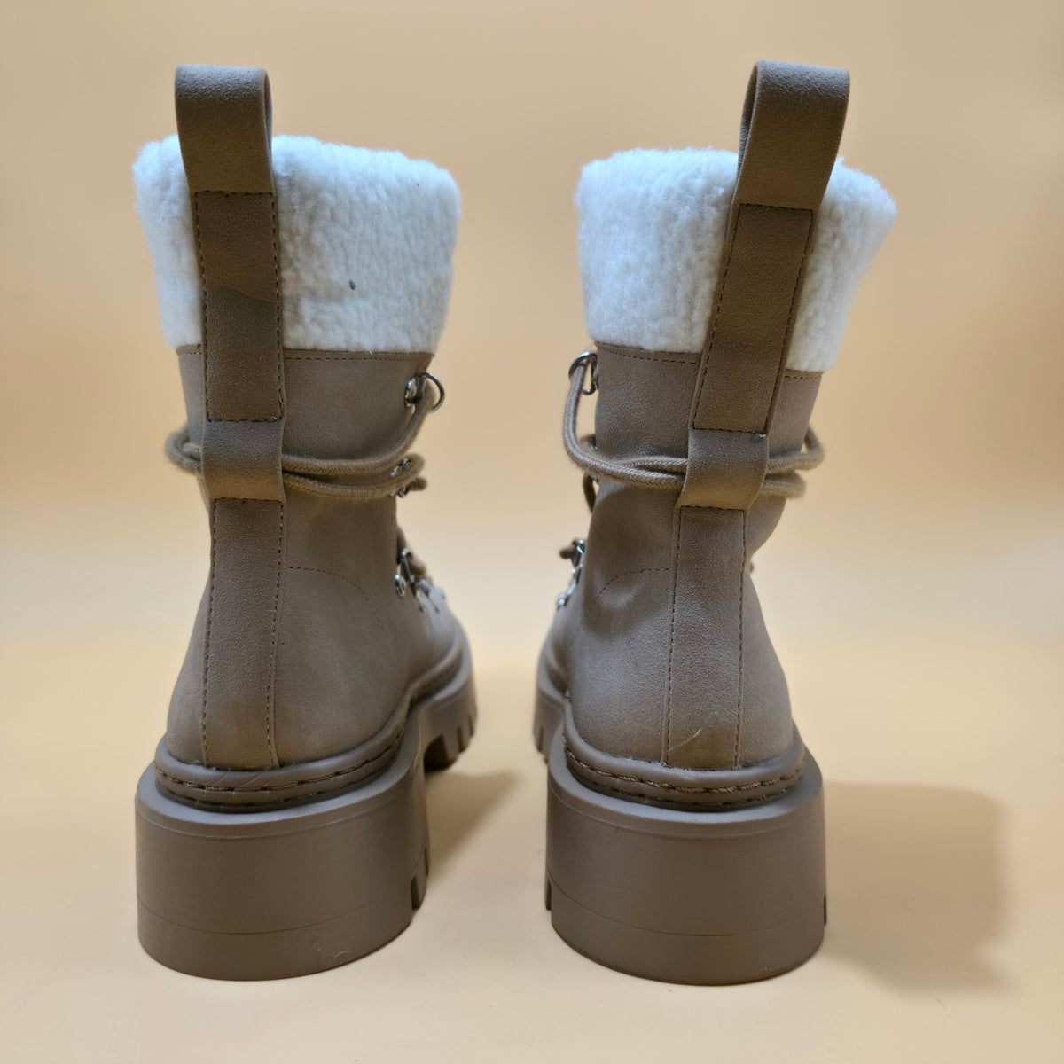 Camel Faux Leather Fleece Trim Chunky Ankle Boots New Look SZ 5