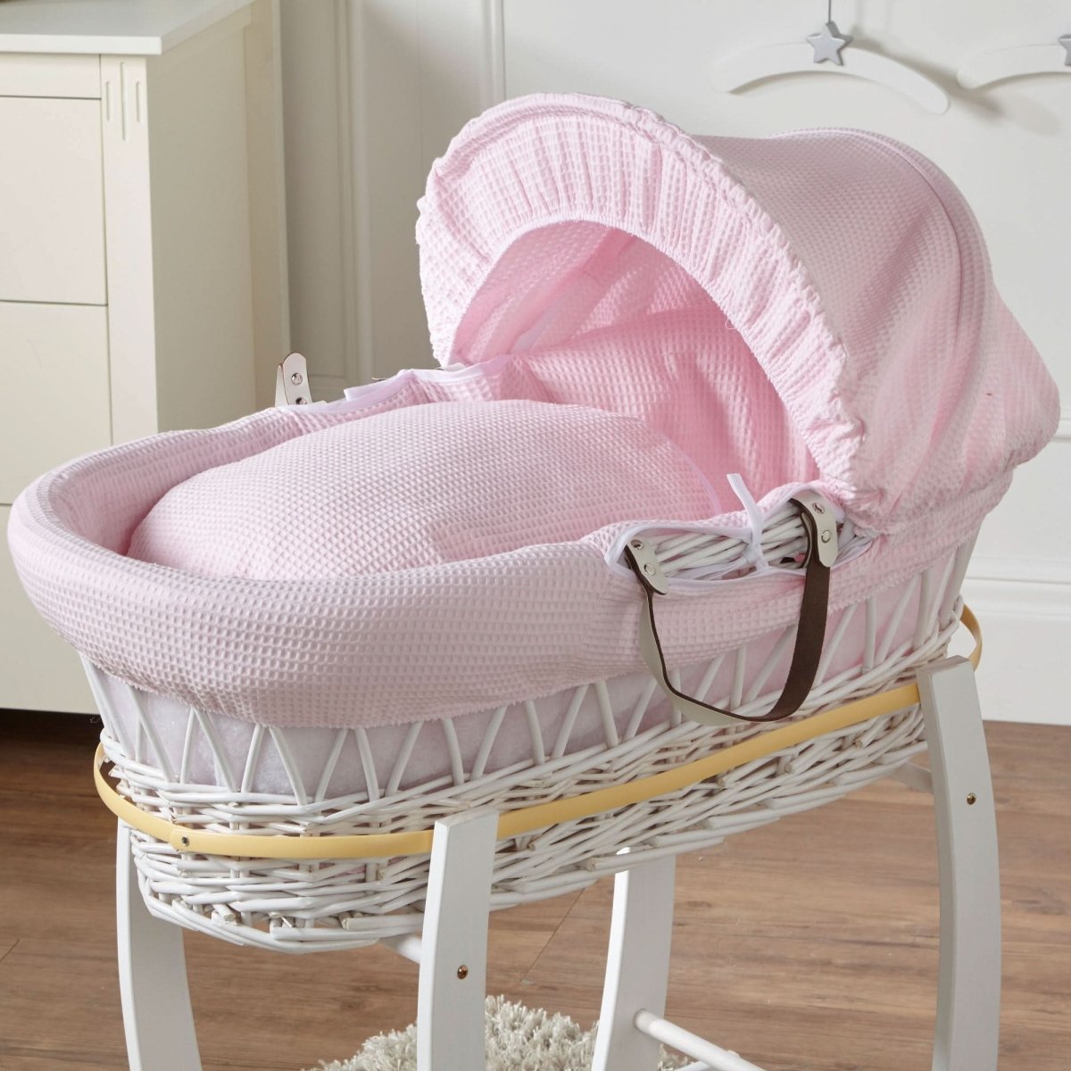 Baby Moses Basket Wicker with Stand Pink Waffle White Newborn Crib Bassinet