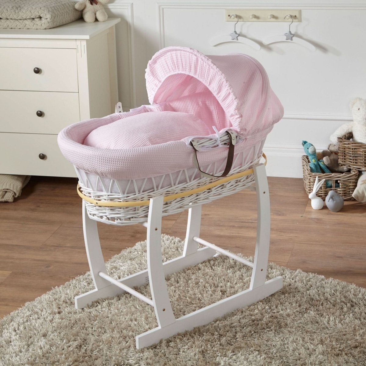 Baby Moses Basket Wicker with Stand Pink Waffle White Newborn Crib Bassinet