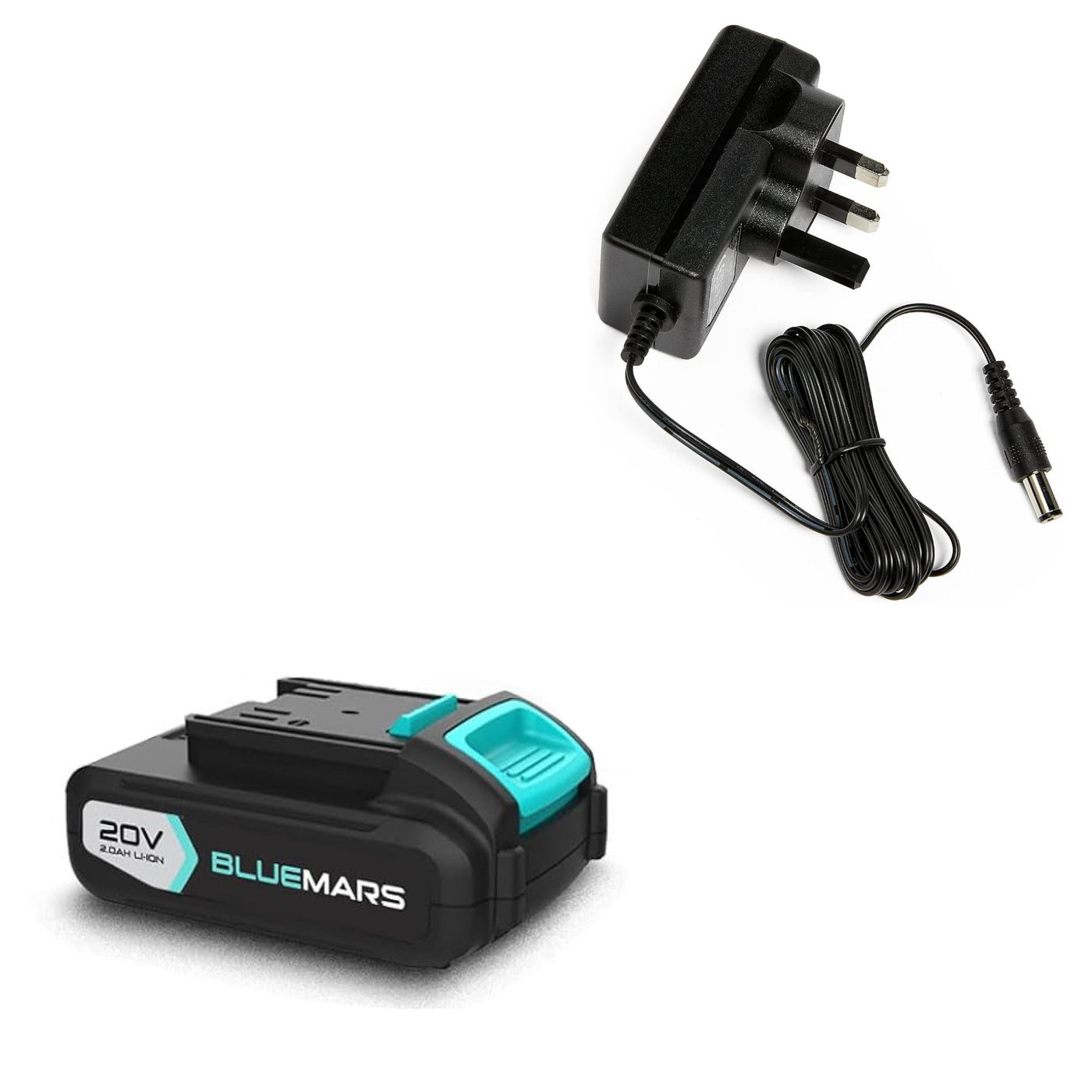 Bluemars battery pack and charger on a white background