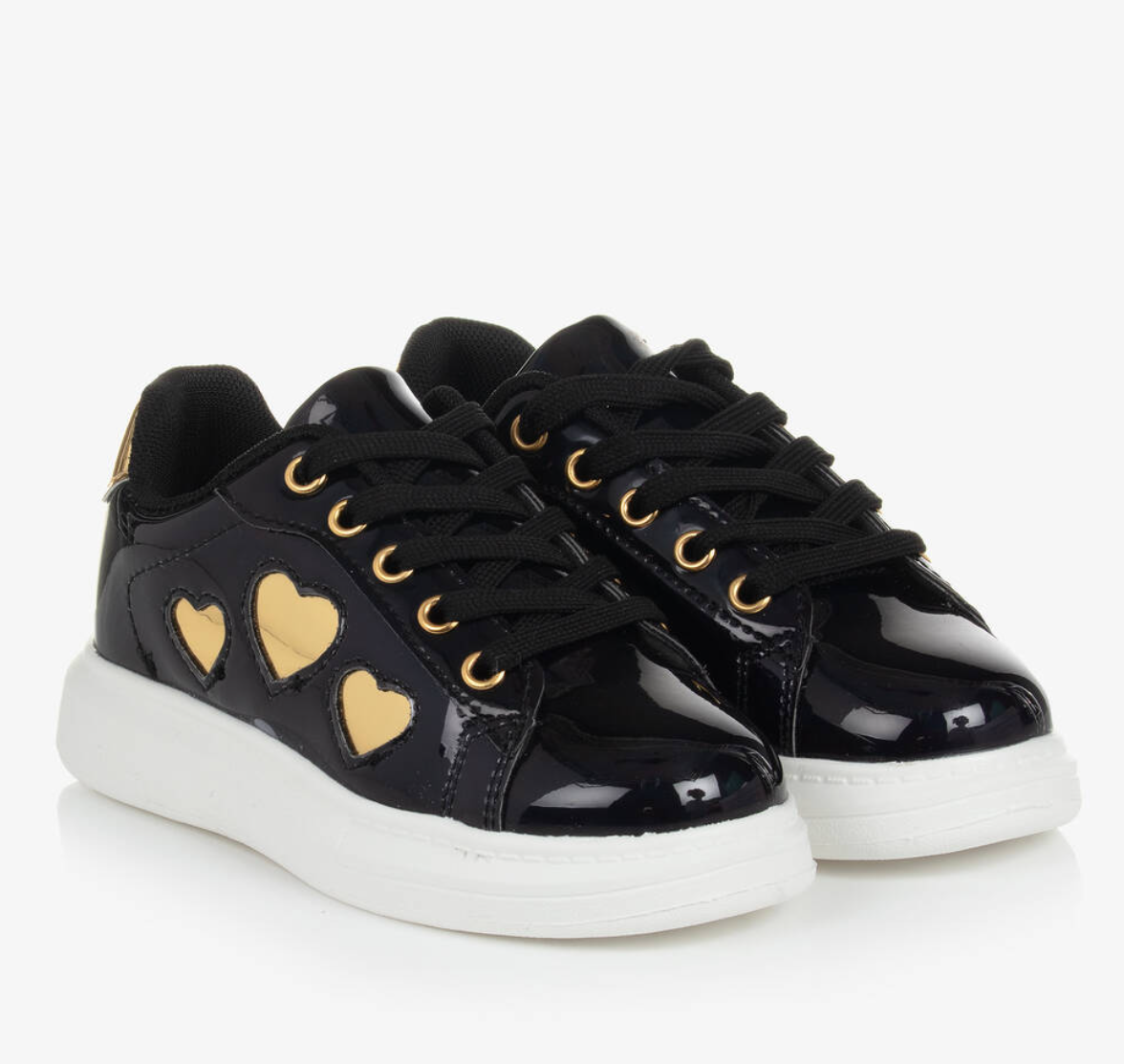 A Dee Black Patent Trainers with Gold Heart Children Size UK c8 / EU 25