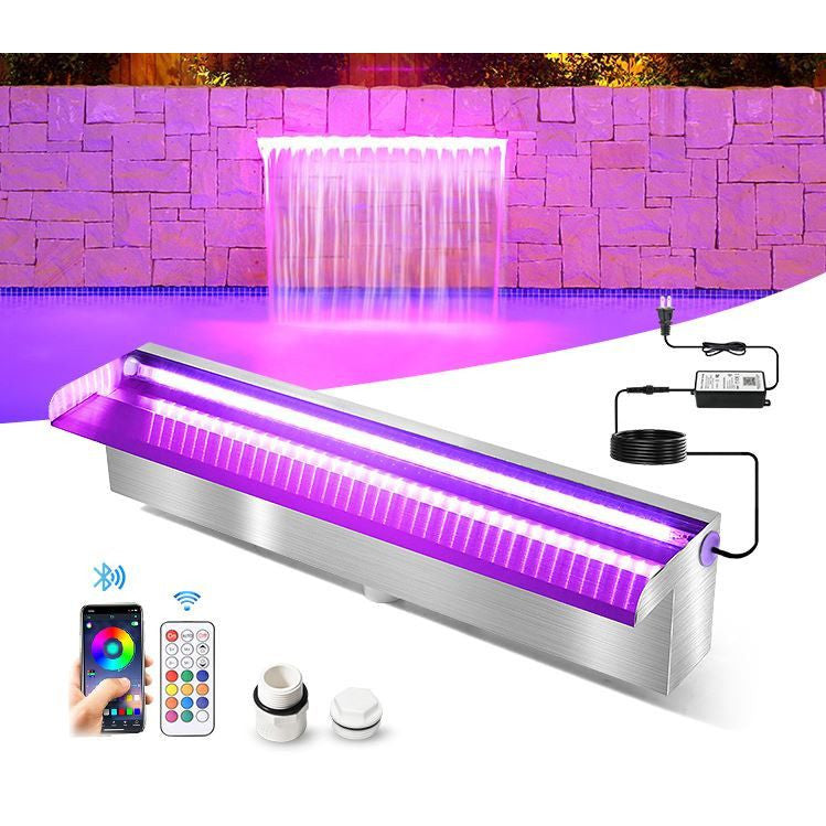 Underwater LED light for pools with smartphone app control, remote, and power adapter displayed.