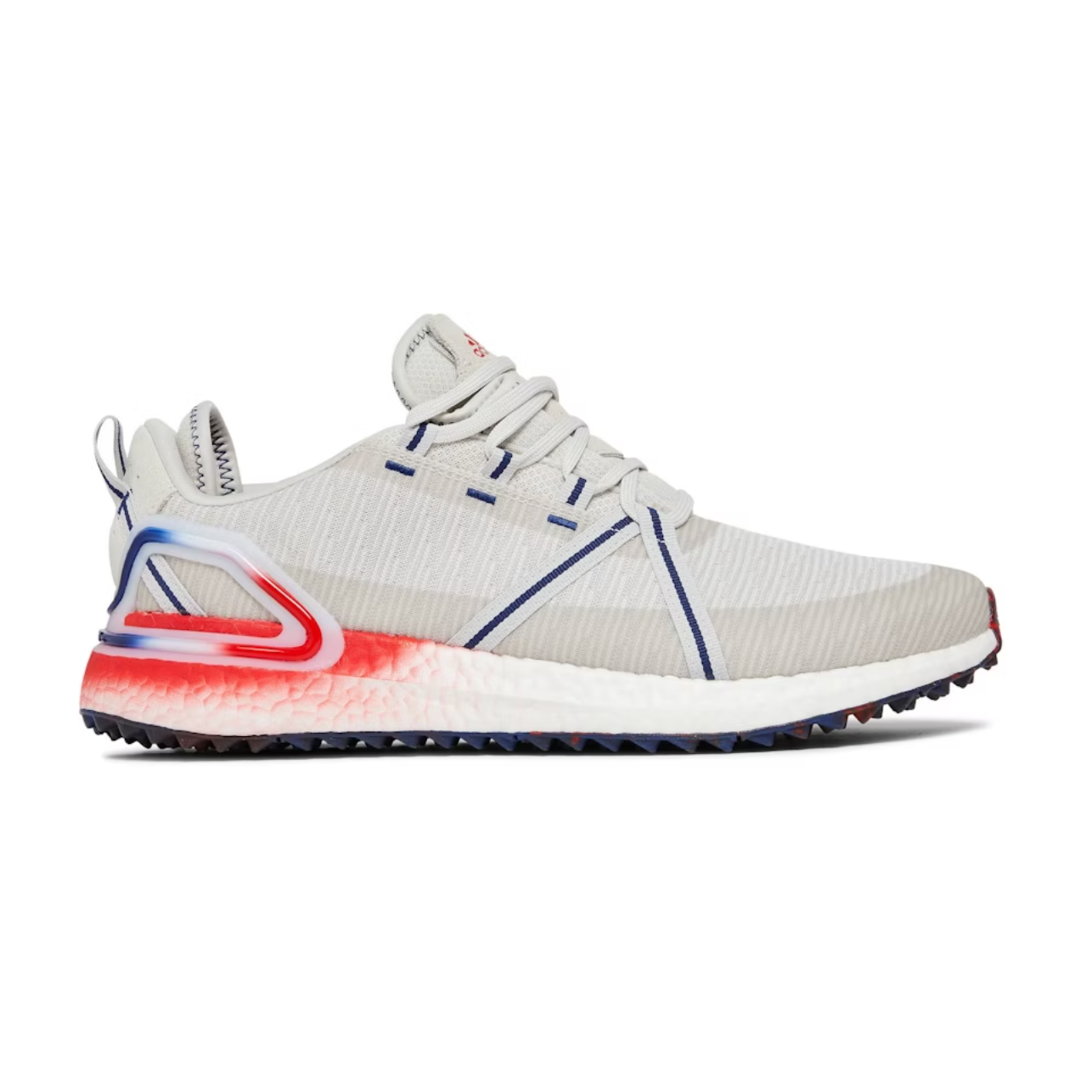 Adidas Solarthon Primegreen Spikeless Golf shoe with a grey upper, red accents, and a multicolor sole.