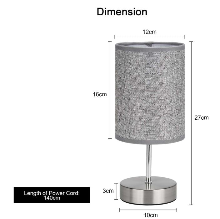 Gray table lamp with dimensions labeled on a white background