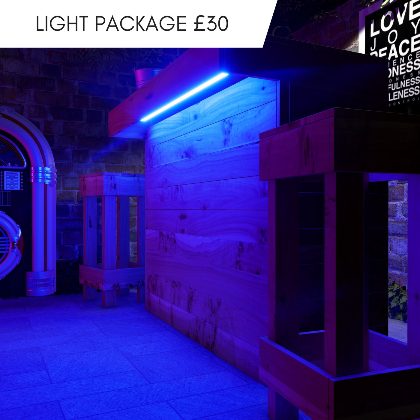 Neon-lit interior with blue light package pricing displayed