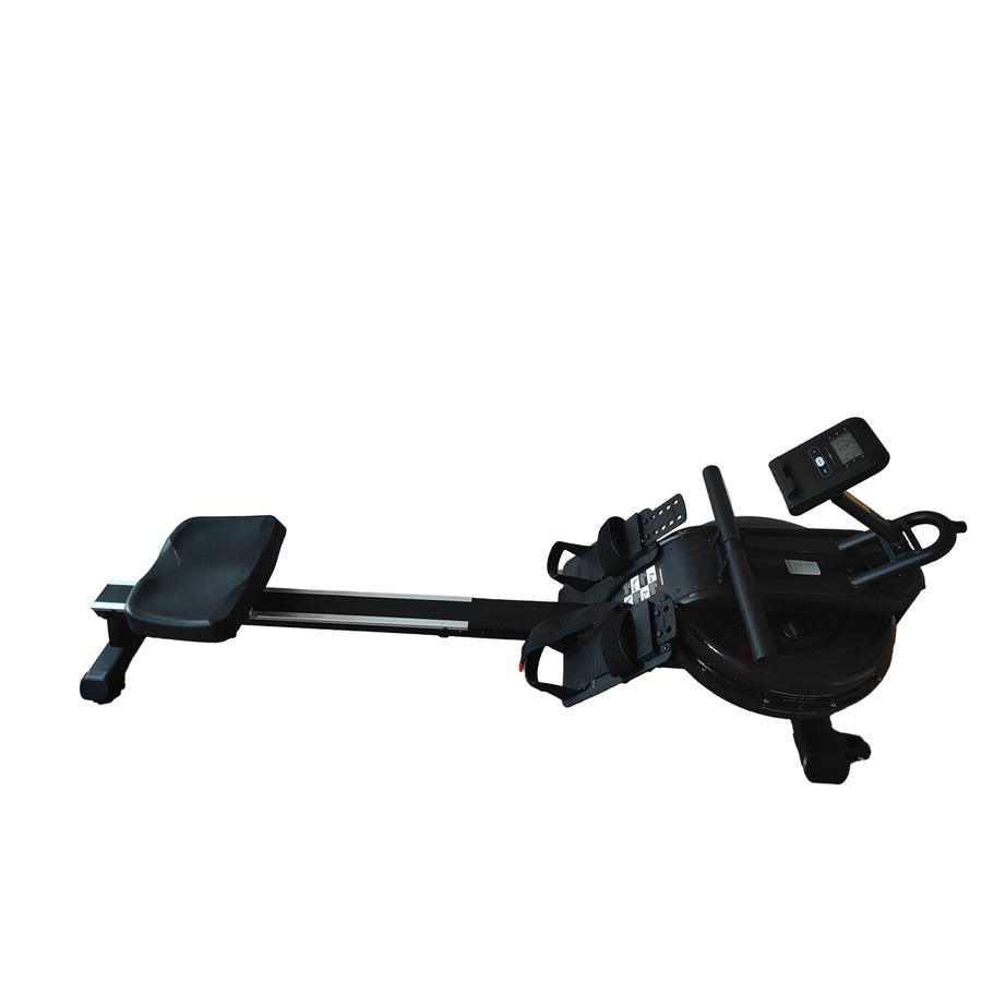 Black rowing machine on a white background
