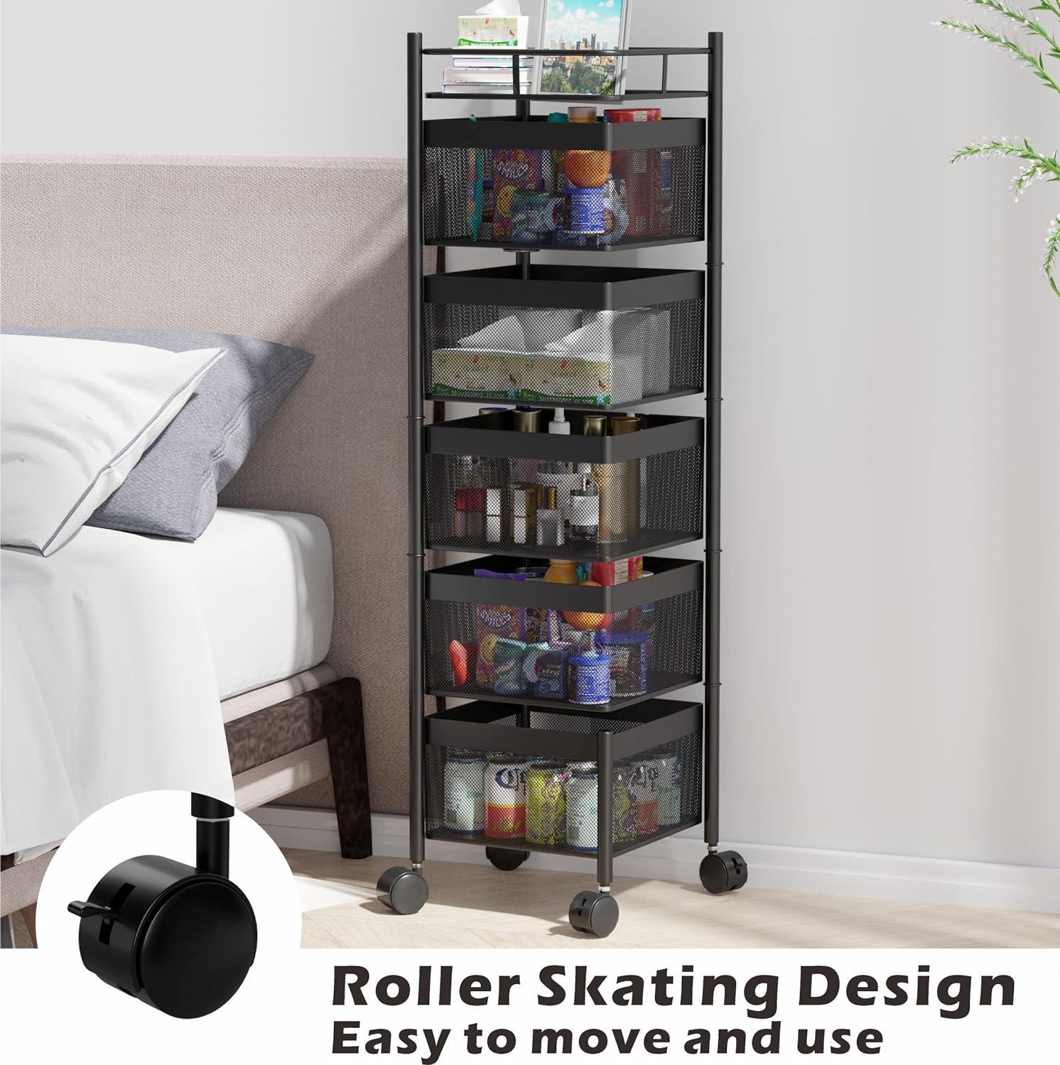 Rotating Storage Basket with 5 Tiers on Wheels Multifunctional Black - Massive Discounts
