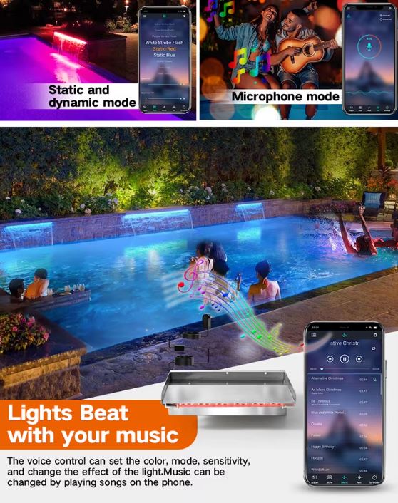 Smart pool light control system with smartphone app interface, pool scene, and people enjoying the pool.