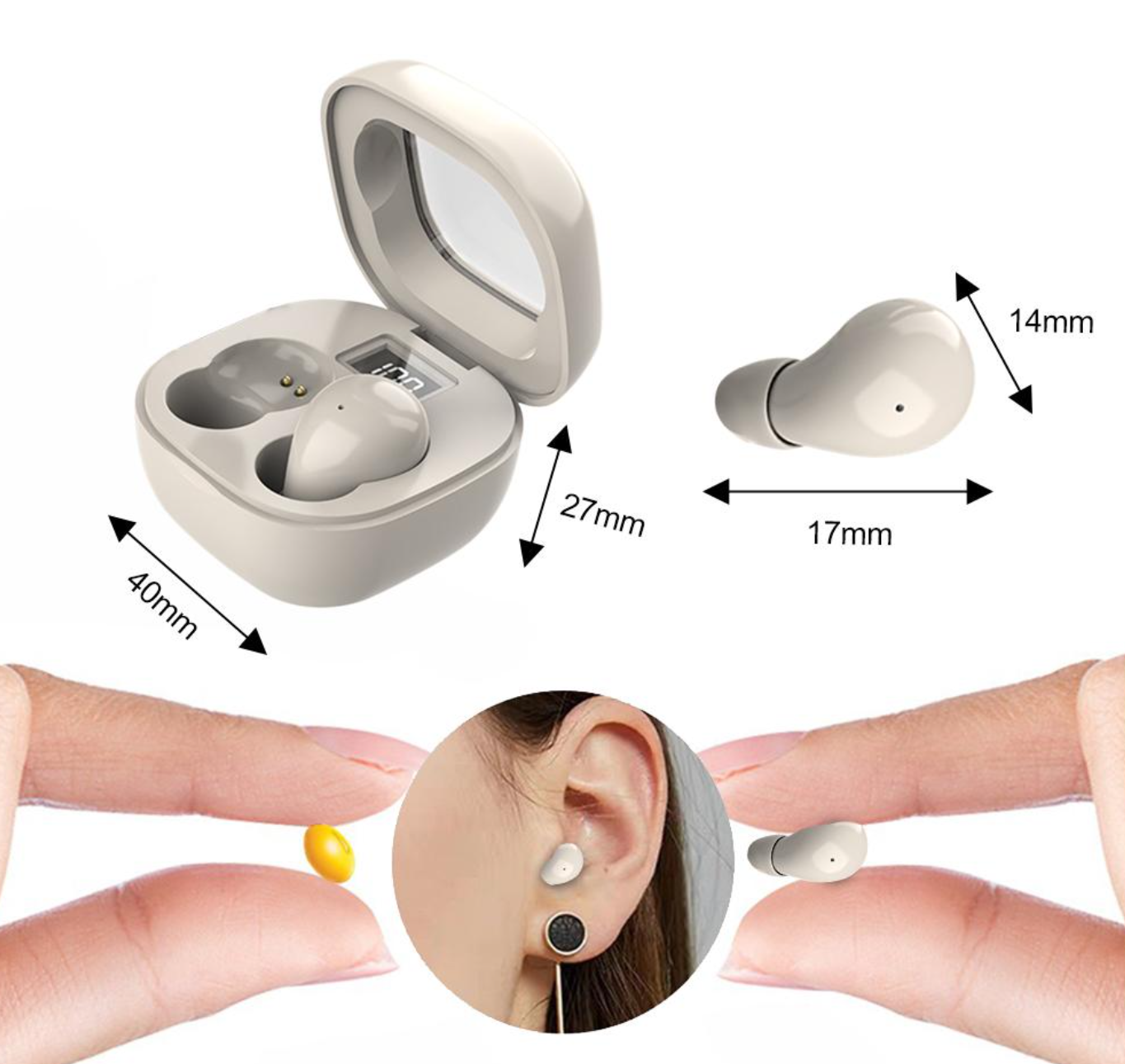Wireless earbuds with charging case and size measurements on a white background