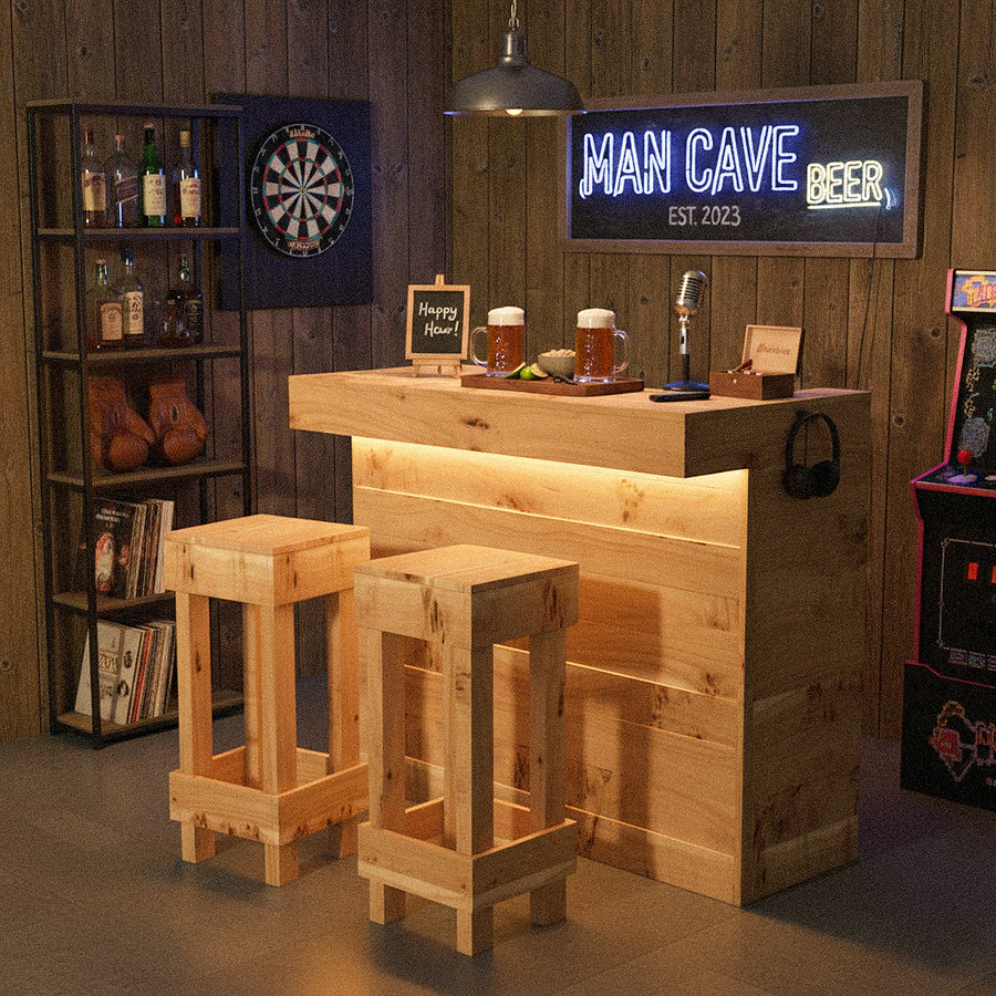 Man cave setup with wooden bar, stools, dartboard, and neon sign.