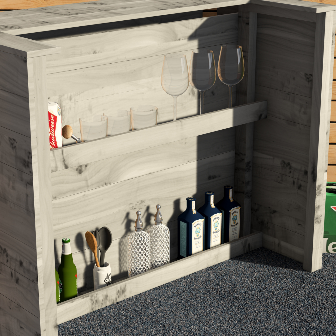 Wooden outdoor bar with shelves holding bottles, glasses, and utensils.