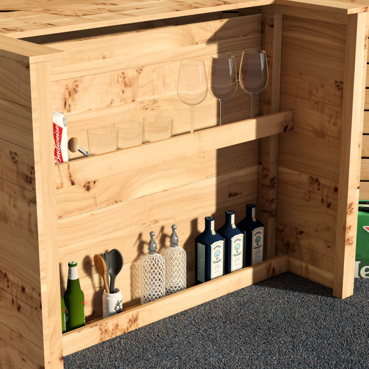 Wooden outdoor bar with shelves holding bottles, glasses, and utensils.