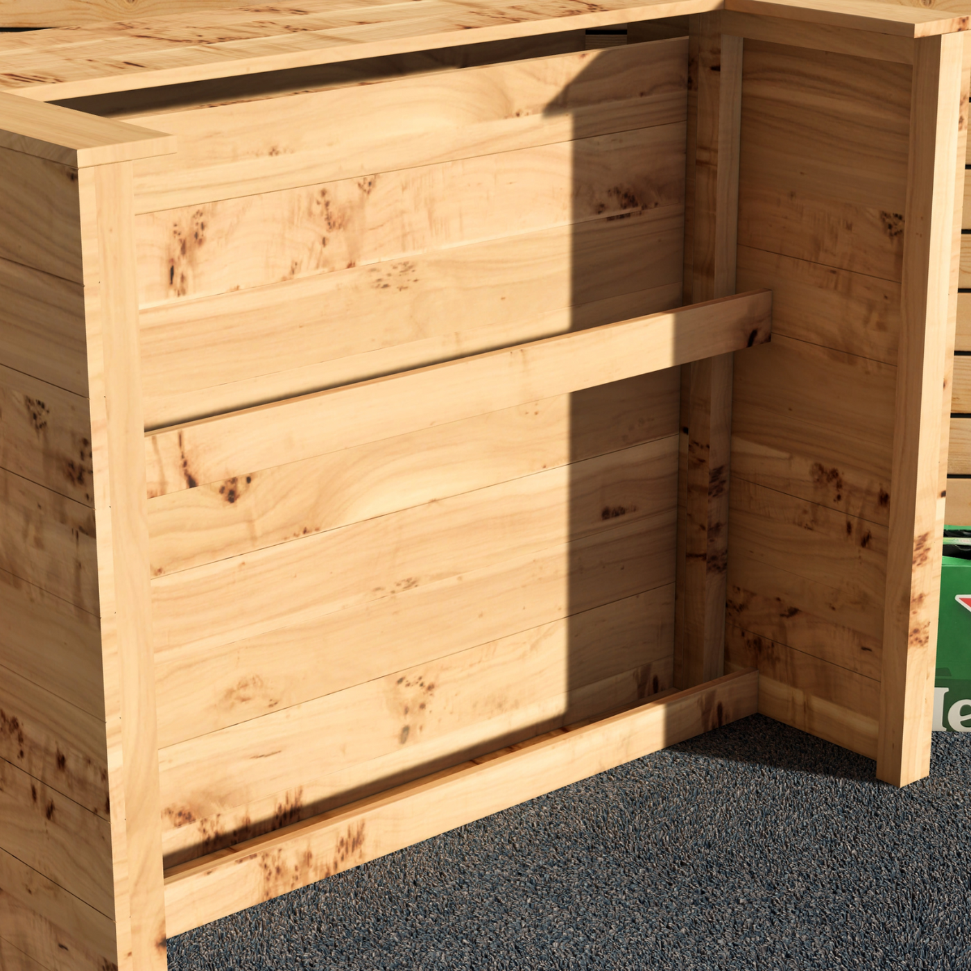 Wooden storage unit with a partially open lid on a dark surface