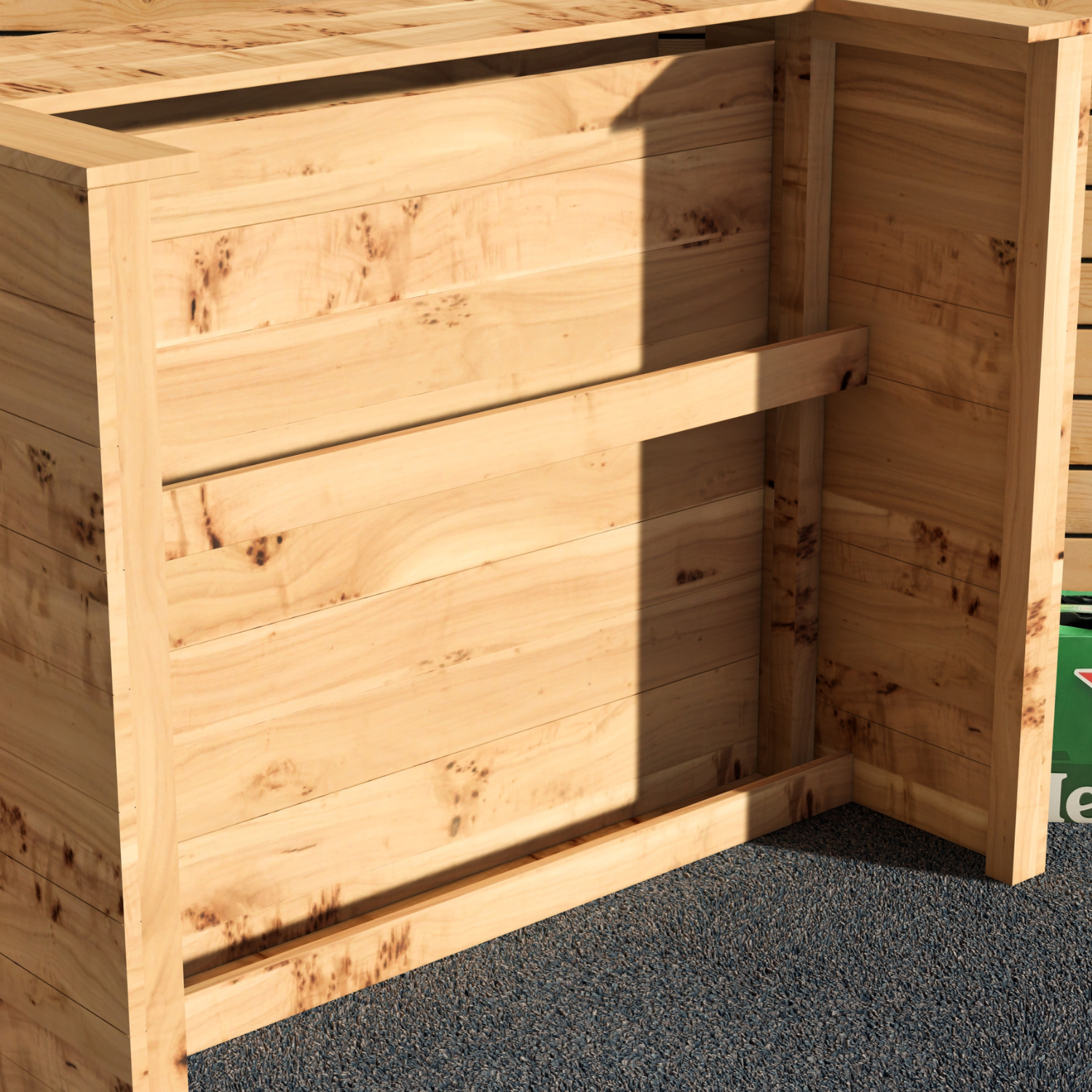 Wooden storage unit with a partially open lid on a dark surface