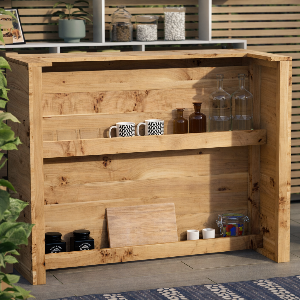 Wooden outdoor bar with various items on shelves in a garden setting