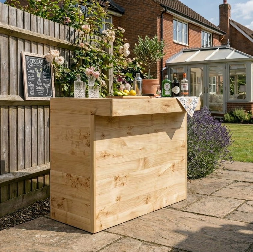 Wooden bar setup in a garden with drinks and decor