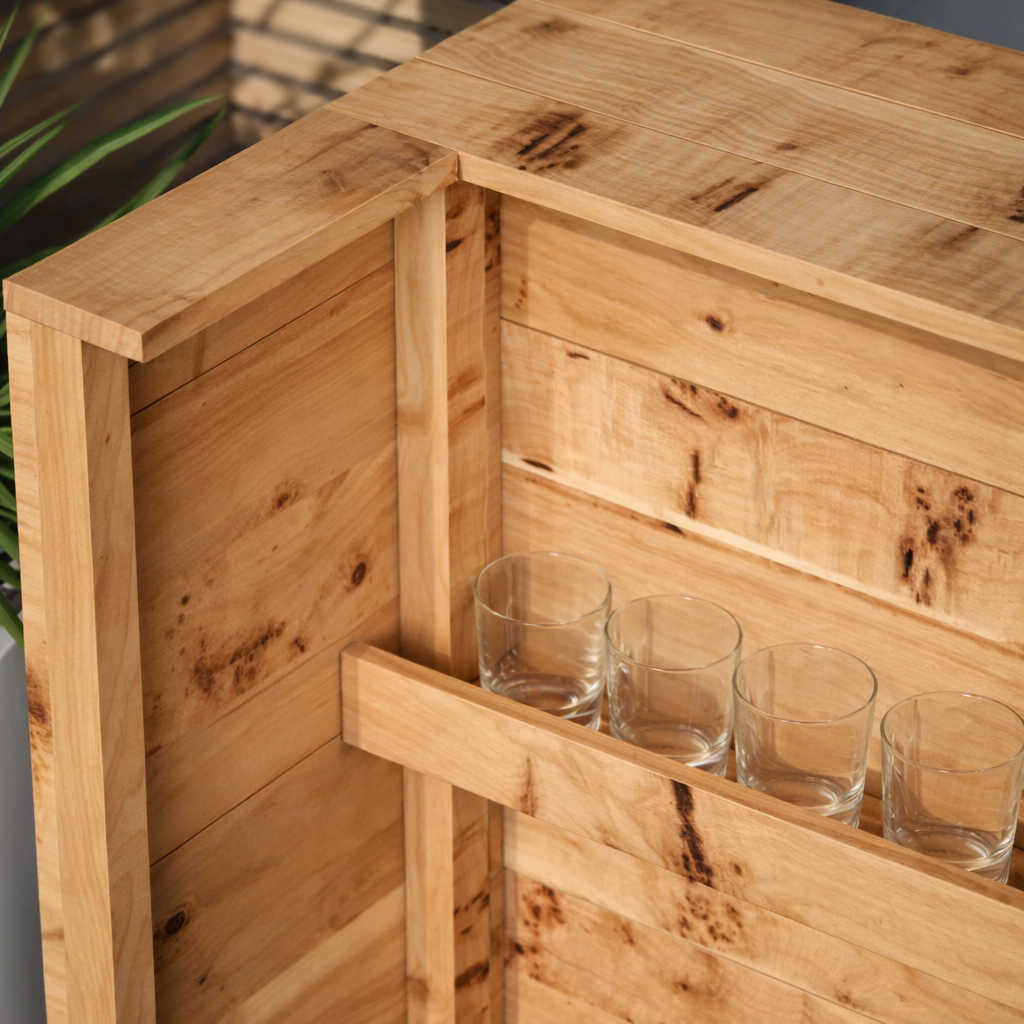 Wooden bar cart with glass shelves holding clear glasses.