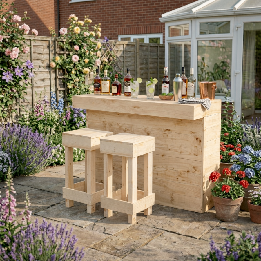 Wooden outdoor bar set with stools in a garden setting