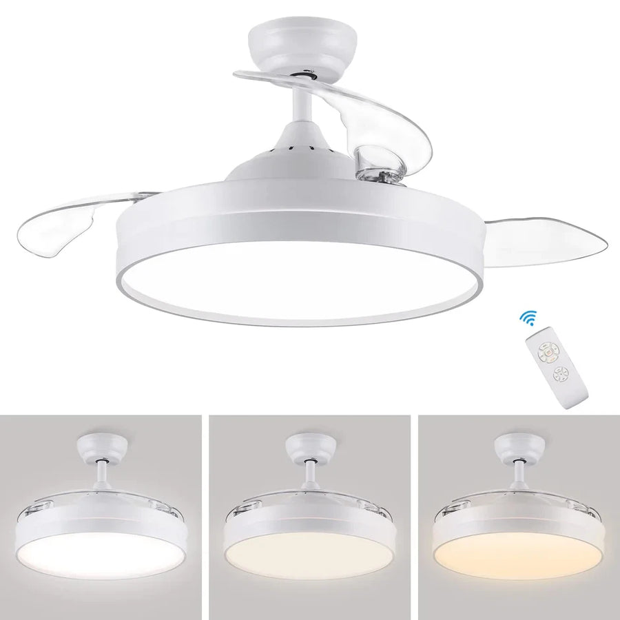 42 Inch Ceiling Fan Light Retractable Blades Remote DC White CJOY