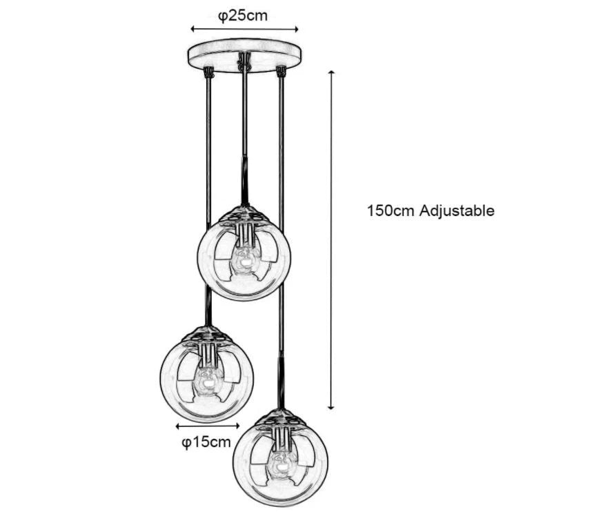 3 Light Pendant Light Amber Glass Globe Brass Vintage Ceiling Lamp E27 HJXDtech