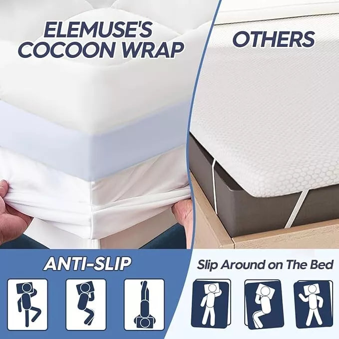 Comparison of ELEMUSE'S COCOON WRAP with 'Others' on a bed, highlighting anti-slip feature.