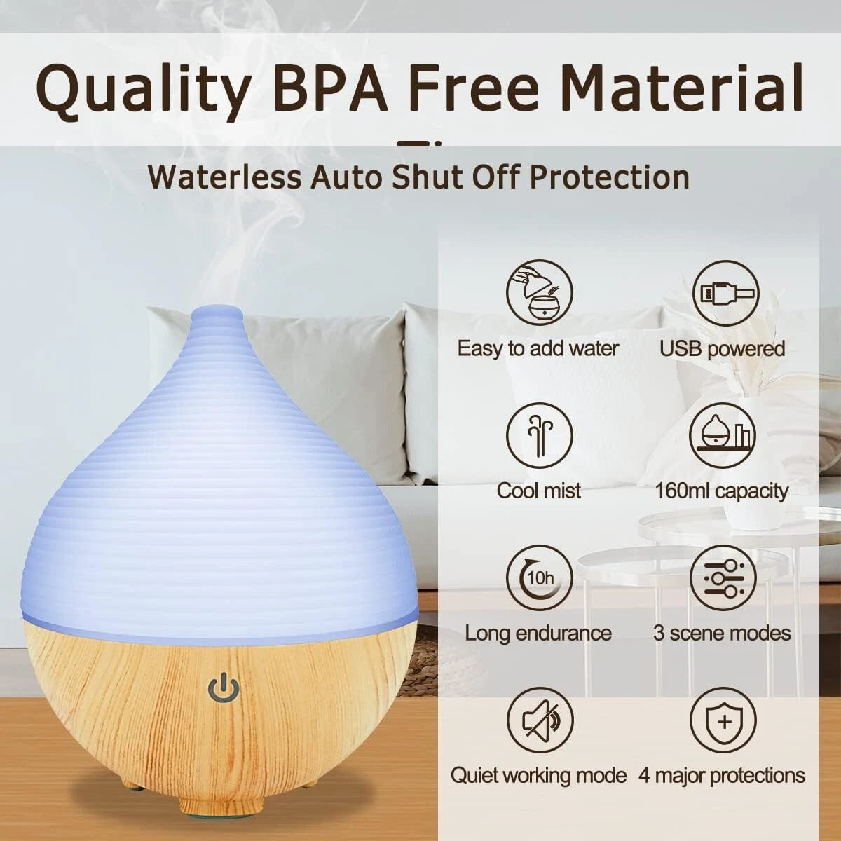 Small Essential Oil Diffuser Cool Mist Humidifier 3 Mode Aromatherapy VVFLED