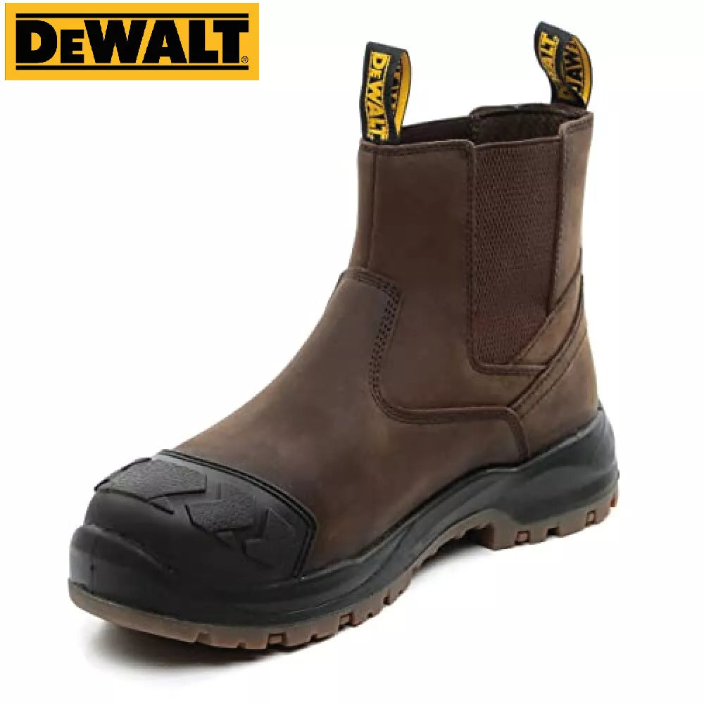 Brown work boot with black sole on a white background, featuring the Dewalt logo.