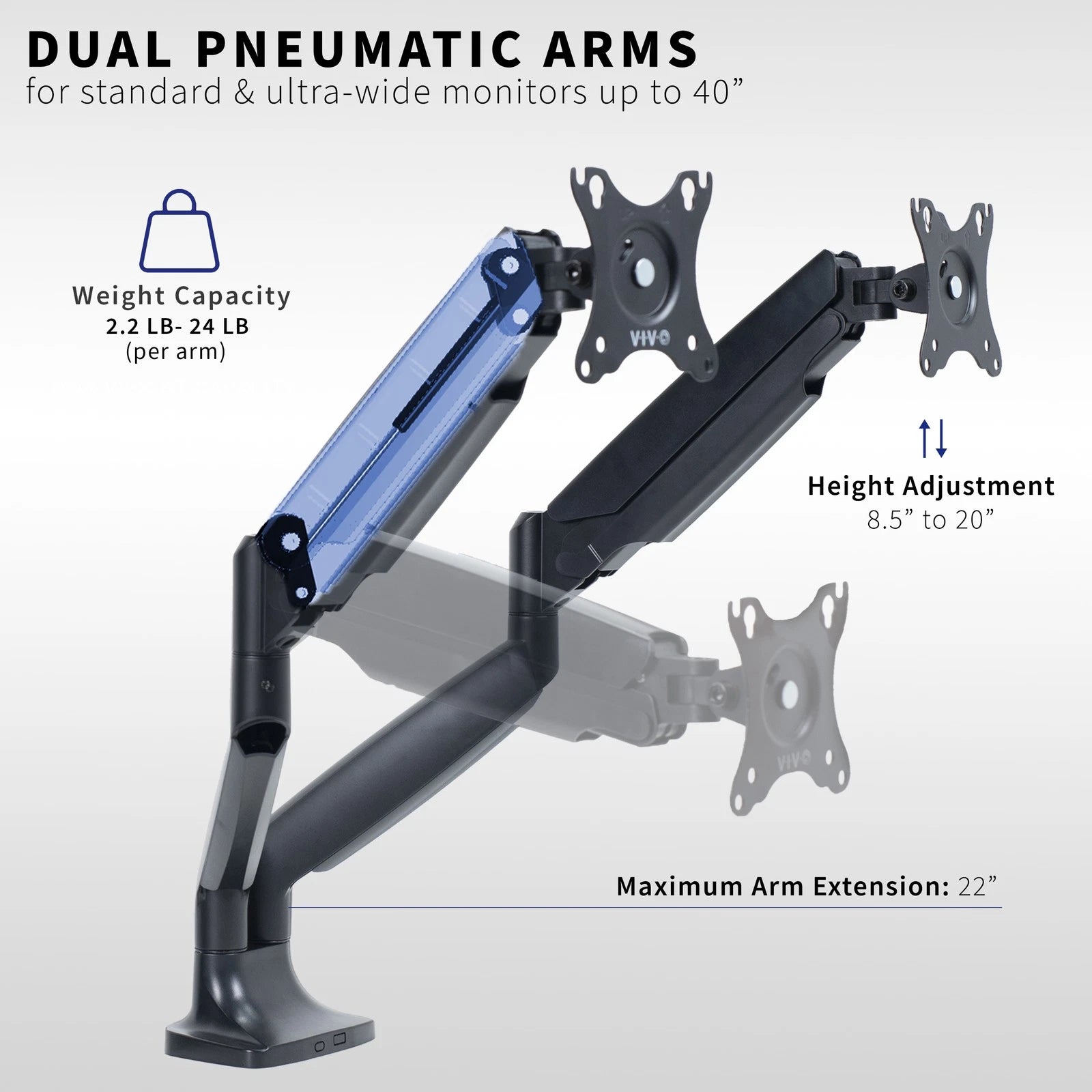 Dual Ultrawide Monitor Desk Mount 40 Inch Pneumatic Spring Arms Heavy Duty VIVO