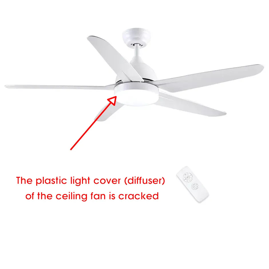 White ceiling fan with a cracked plastic light cover on a white background