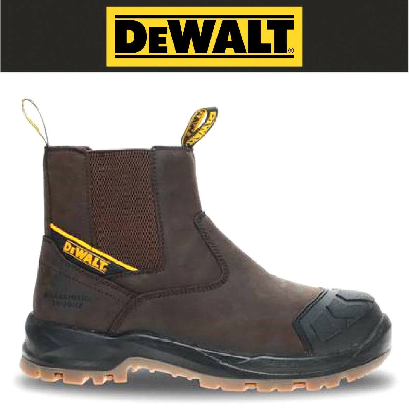 Brown DeWalt work boot with yellow accents on a black background