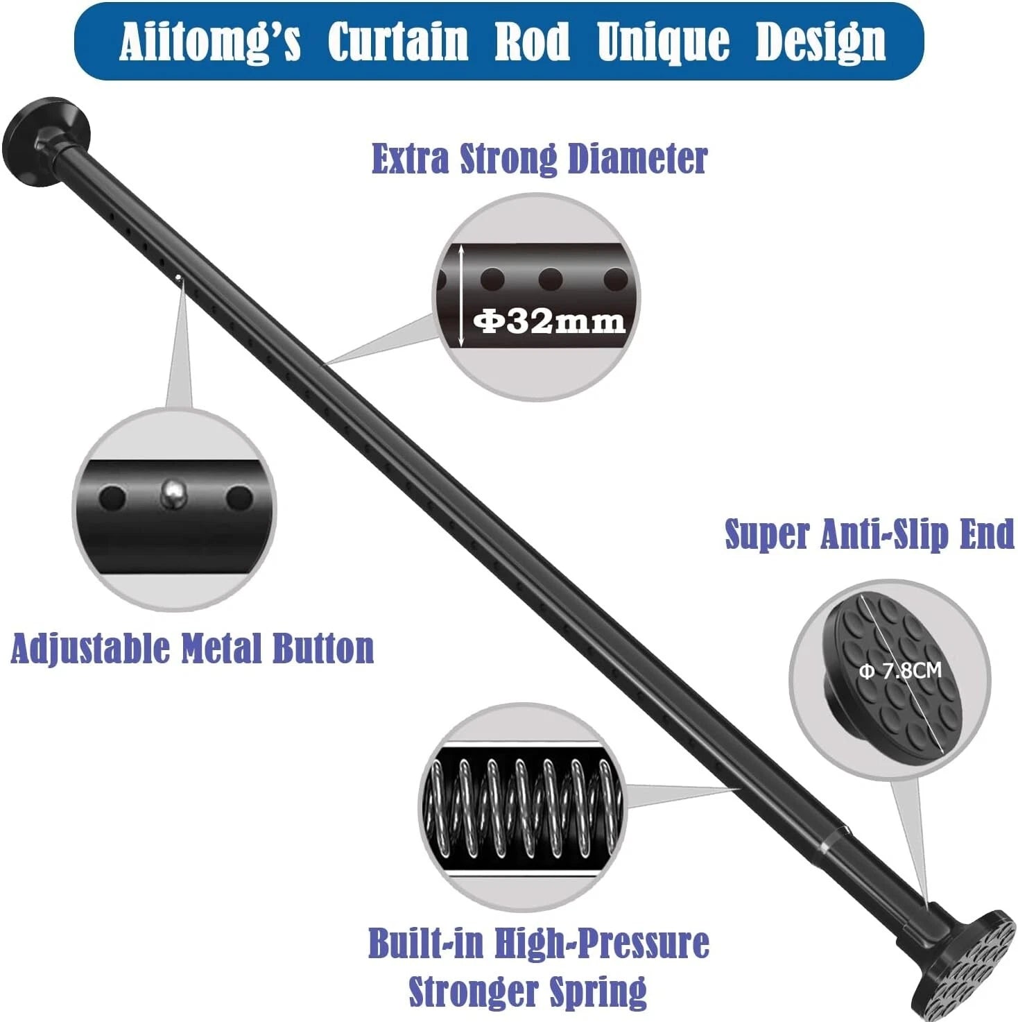 Shower Curtain Rail No Drill Tension Rod Anti-Slip Curtain 110-165CM