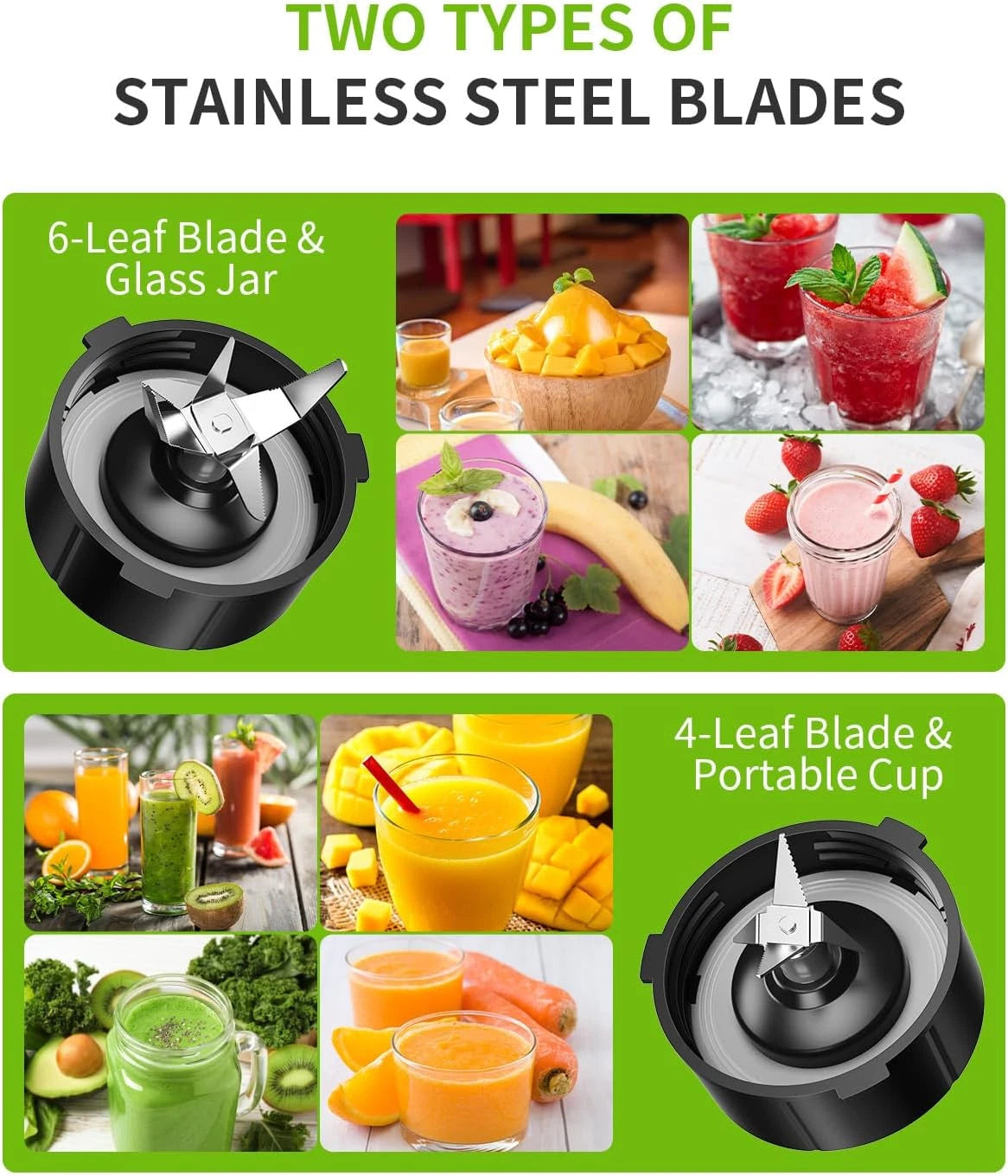 Blender with 6-leaf blade and glass jar, and 4-leaf blade and portable cup on a green background.