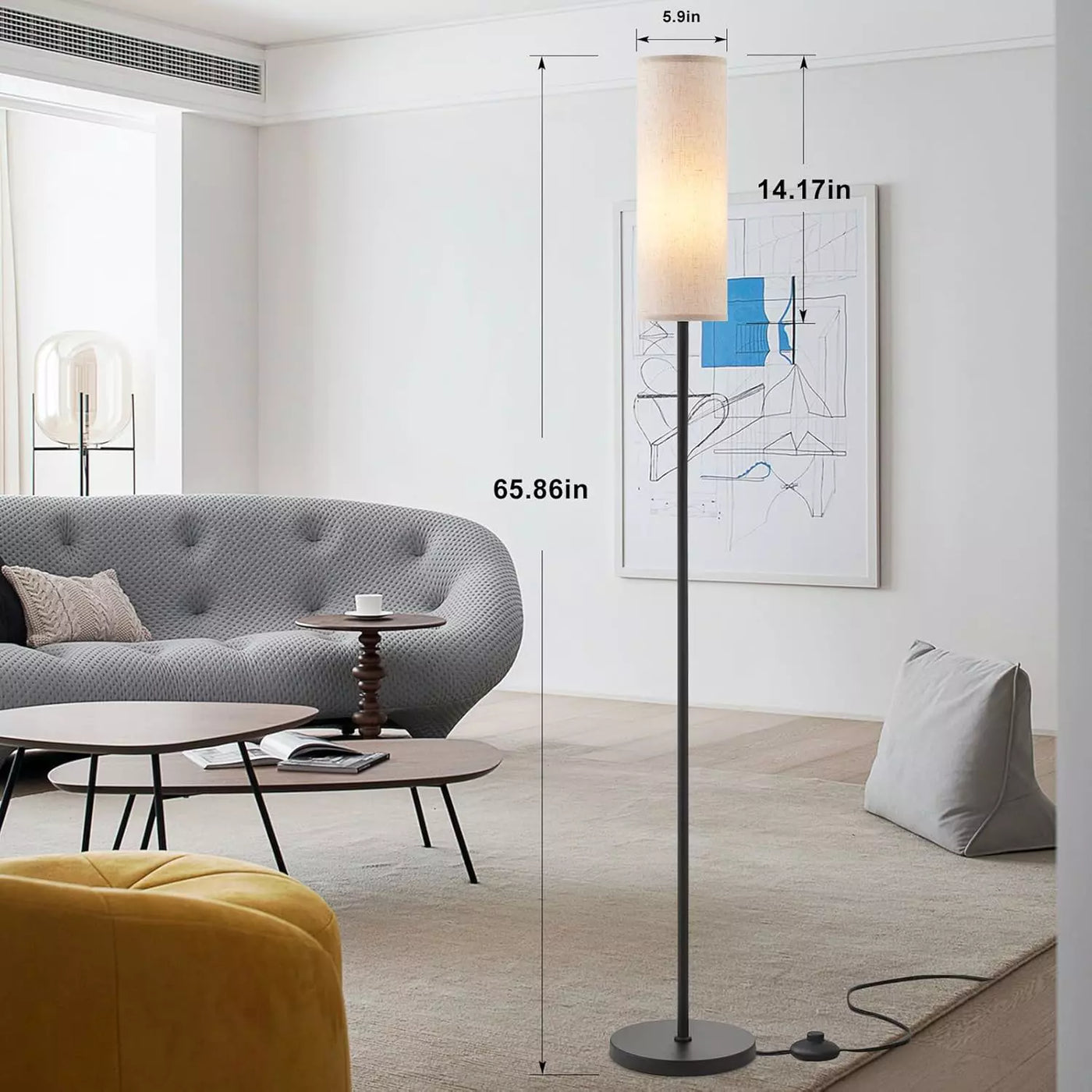 Modern Floor Lamp, 64'' Tall Standing Lamp with Shade for Living Room