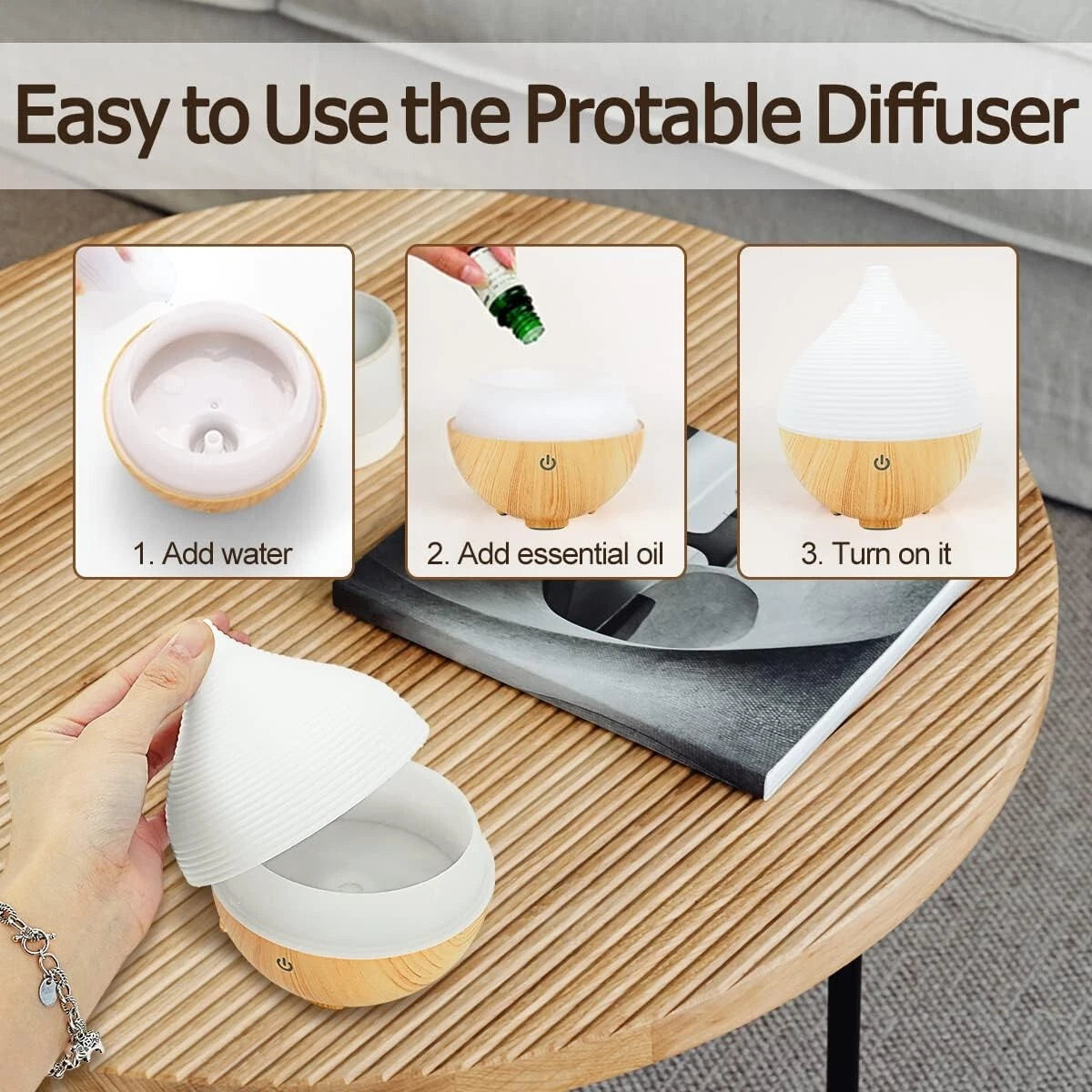Small Essential Oil Diffuser Cool Mist Humidifier 3 Mode Aromatherapy VVFLED